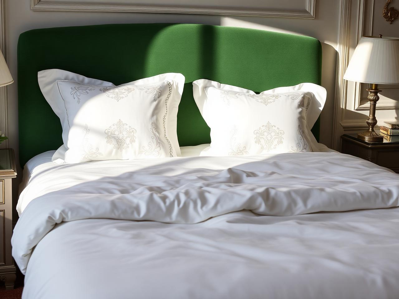 Chambre élégante avec parure de lit brodée et tête de lit verte