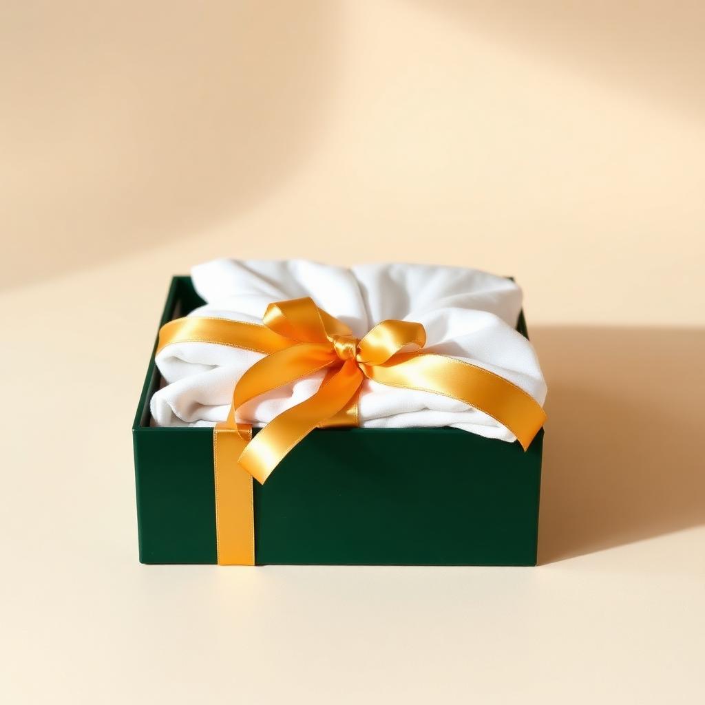 Coffret écrin vert et doré contenant du linge de maison ivoire