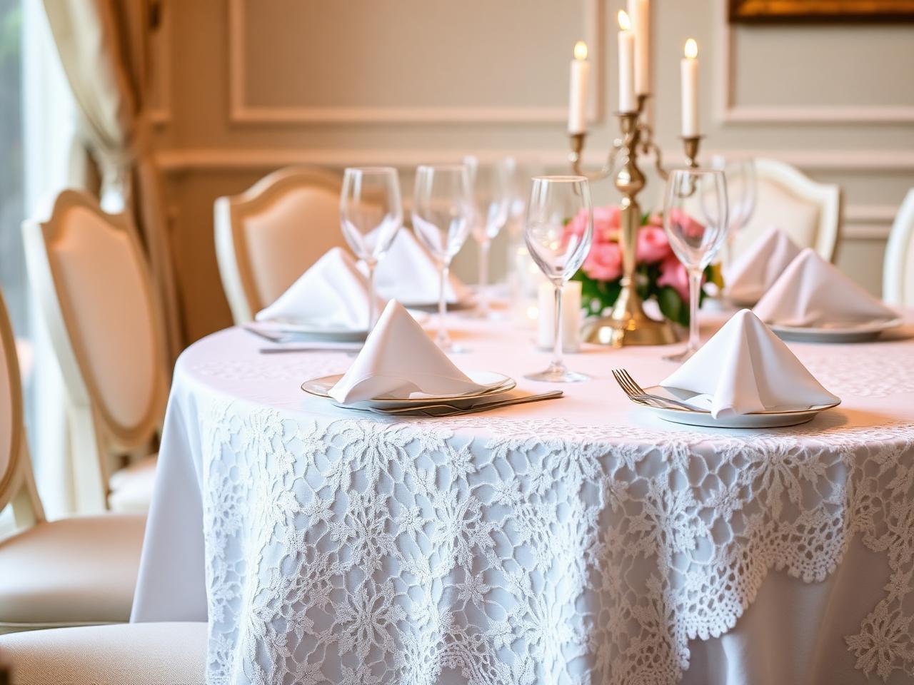 Table élégamment dressée avec nappe en dentelle et serviettes brodées